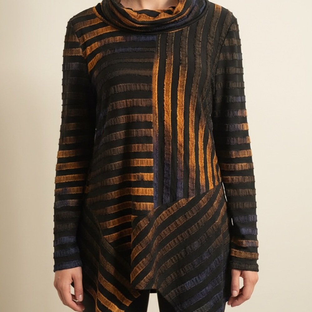 Chic Cowl Neck Sweater in Black and Orange Stripes